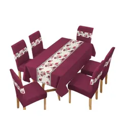 GENERICO - Mantel Antimanchas con 6 Fundas de Silla 140 x 220 cm - Burdeo Rosas