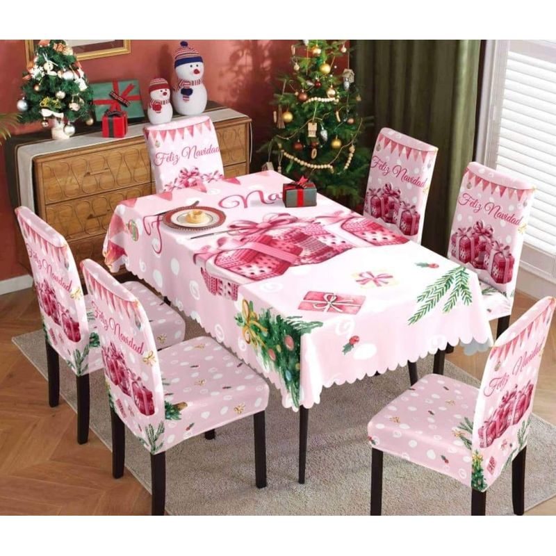 GENERICO - SET DE MANTEL MAS 6 FUNDA SILLA ROSADA DISEÑO NAVIDEÑO REGALOS MP