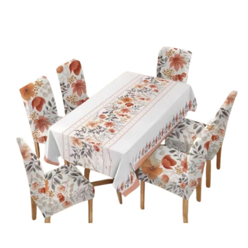 GENERICO - Mantel Antimanchas con 6 Fundas de Silla 140 x 220 cm - Blanco Flores