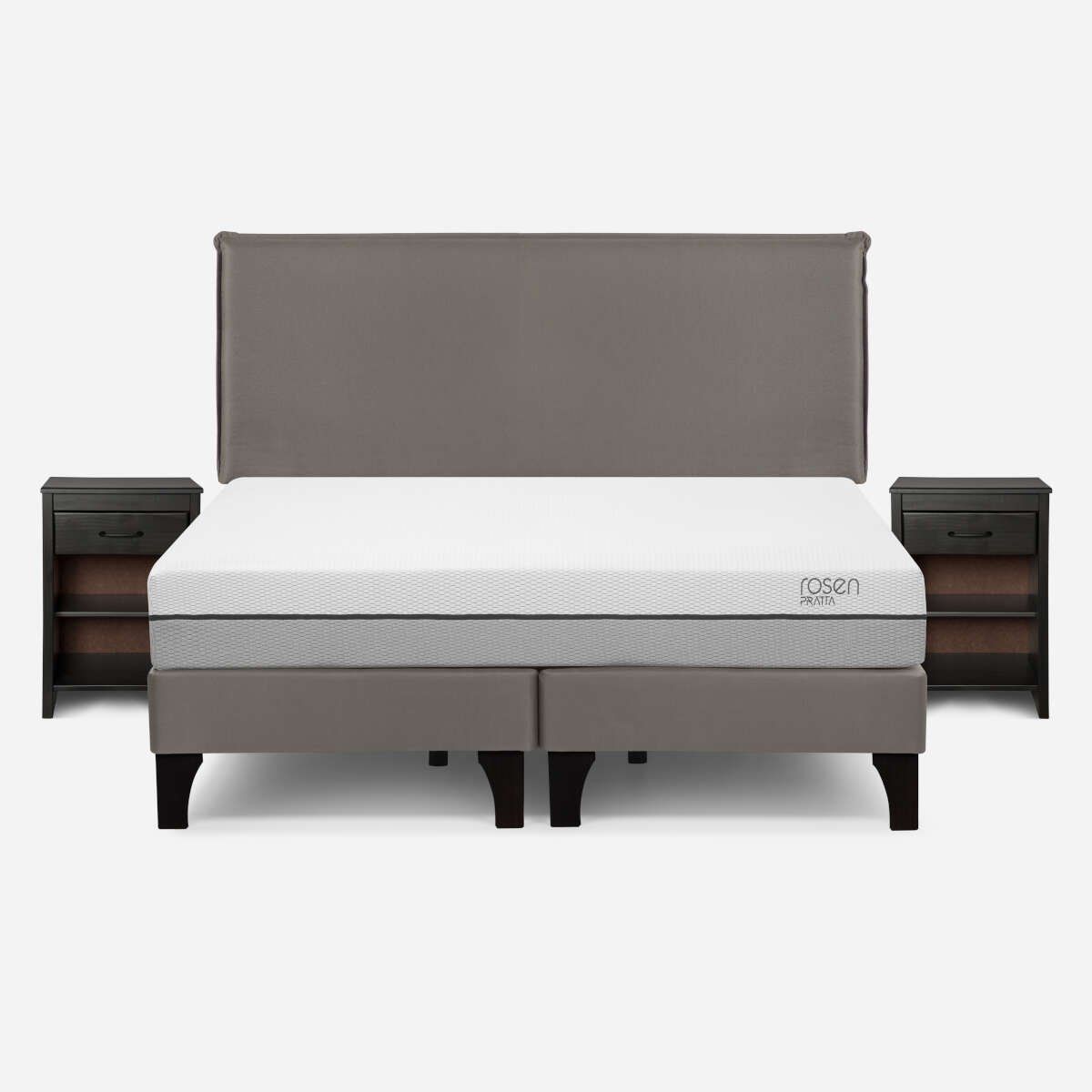 ROSEN - Cama Pratta 2 Plazas Pata Madera BD + Muebles Maurice Gris