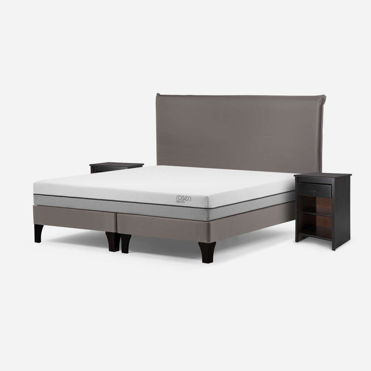 ROSEN - Cama Pratta 2 Plazas Pata Madera BD + Muebles Maurice Gris