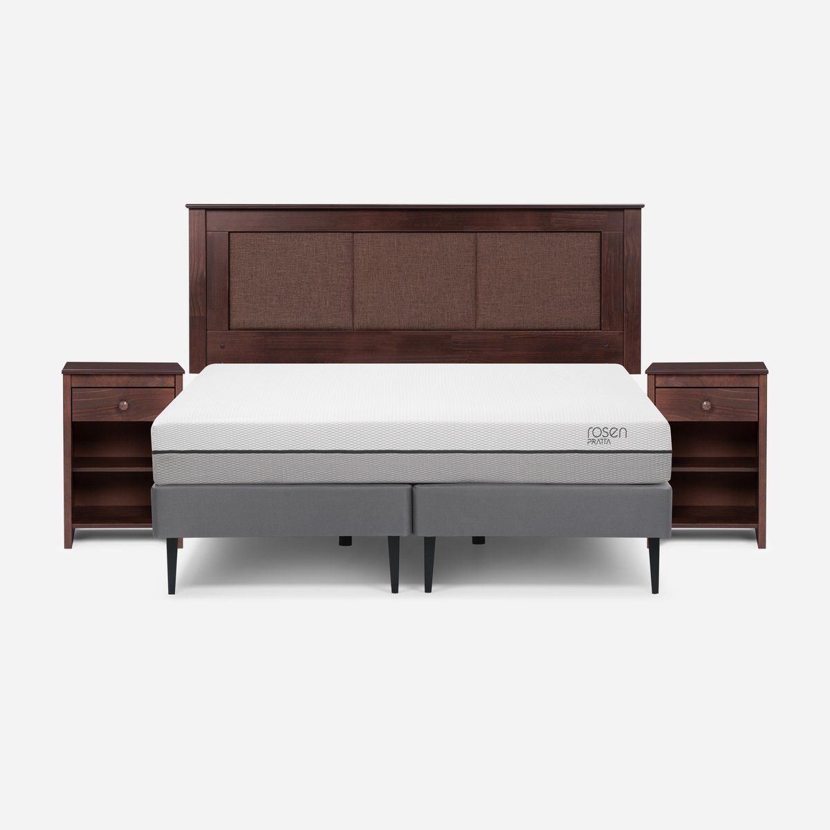 ROSEN - Cama Europea Pratta King Pata Acero + Respaldo y Velador