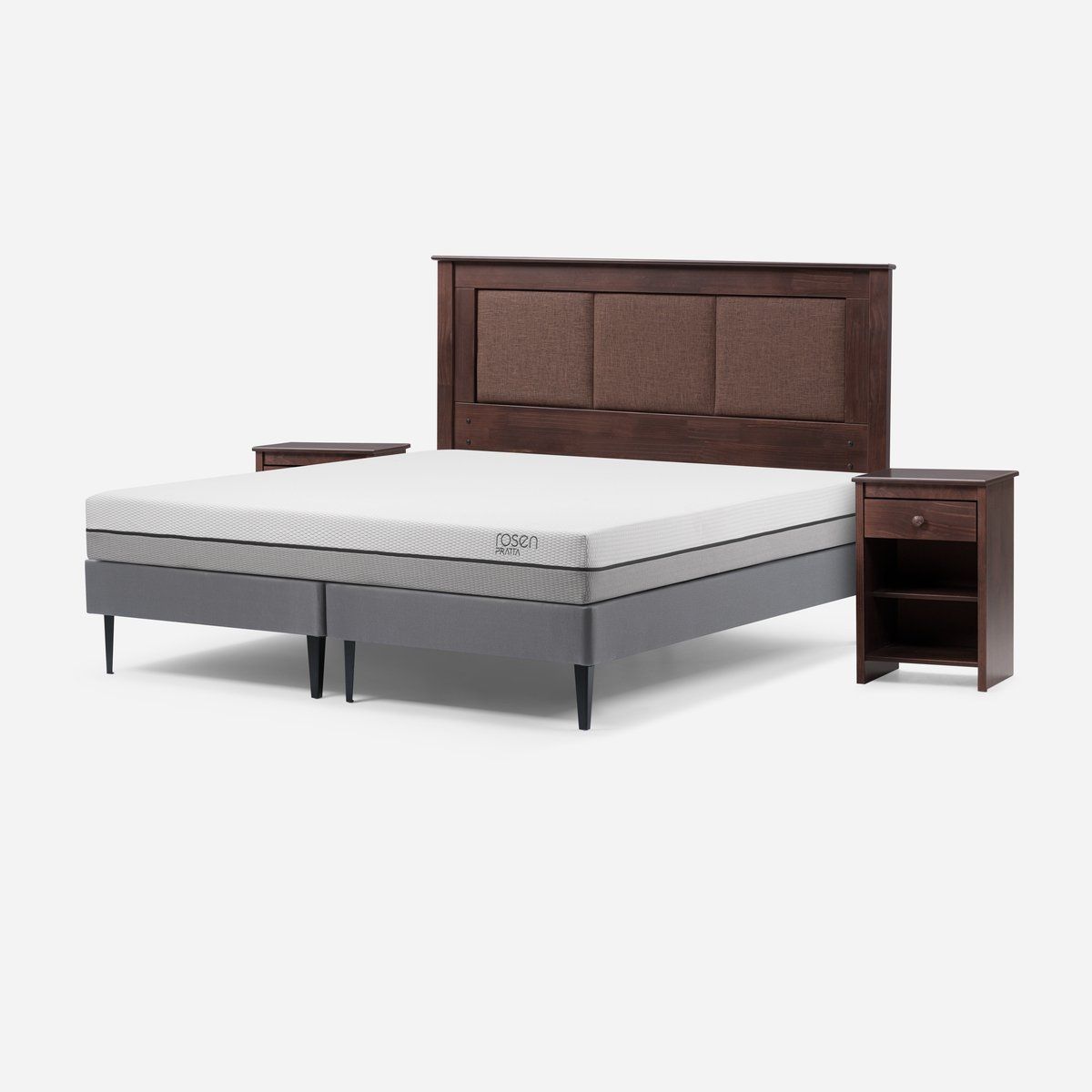 ROSEN - Cama Europea Pratta King Pata Acero + Respaldo y Velador