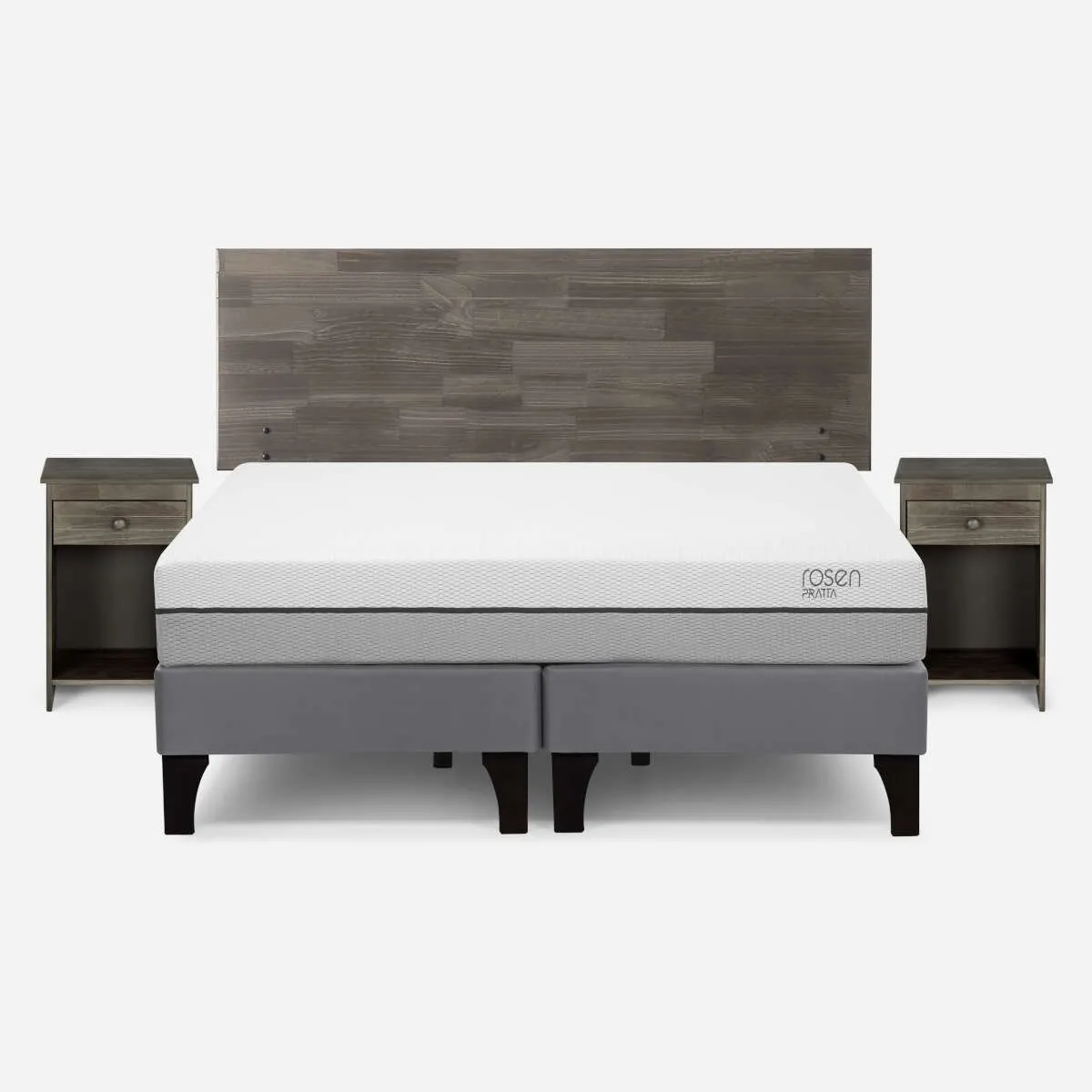 ROSEN - Cama Pratta 2 Plazas Pata Madera BD + Muebles Tabor Grafito