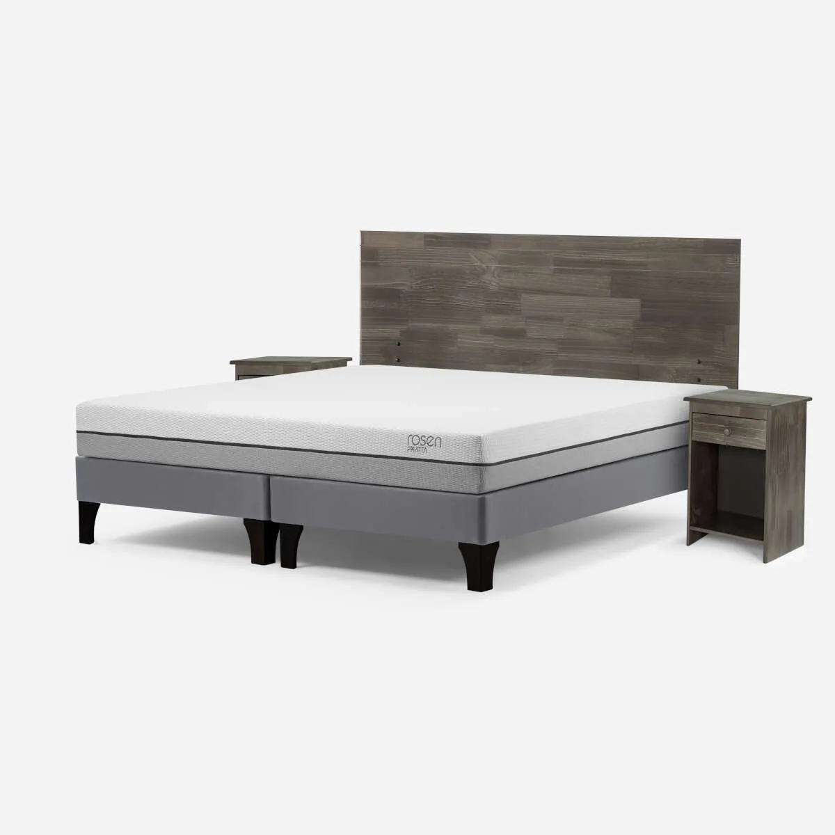 ROSEN - Cama Pratta 2 Plazas Pata Madera BD + Muebles Tabor Grafito