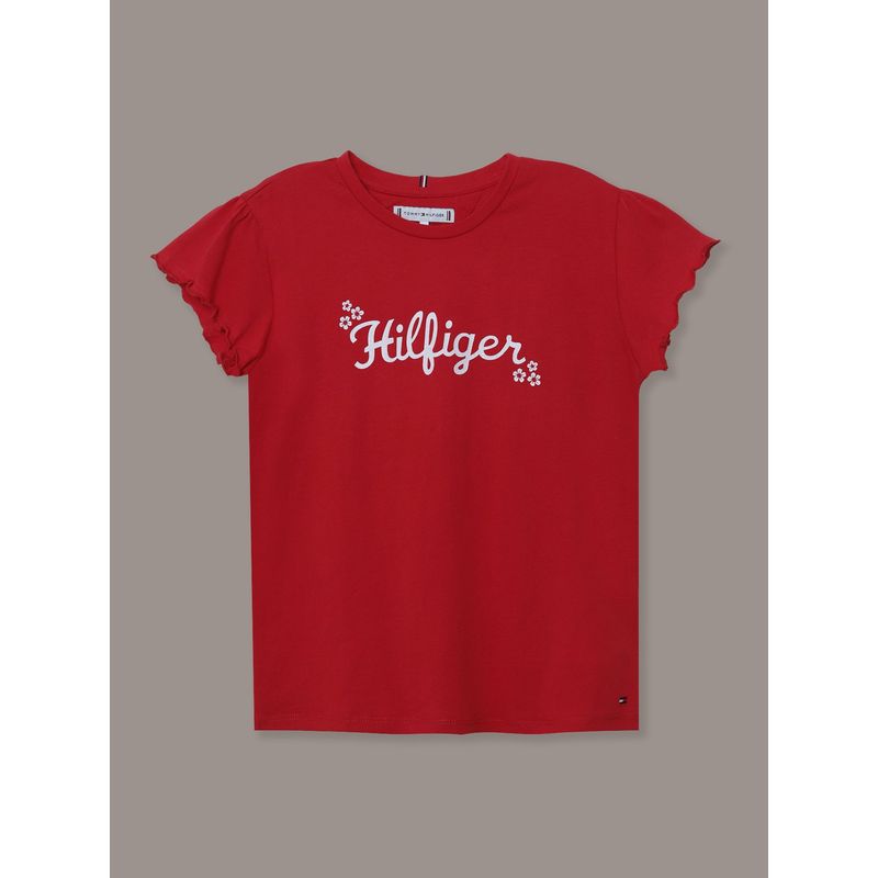 TOMMY HILFIGER - Polera De Niña Con Logo Floral Rojo Tommy Hilfiger