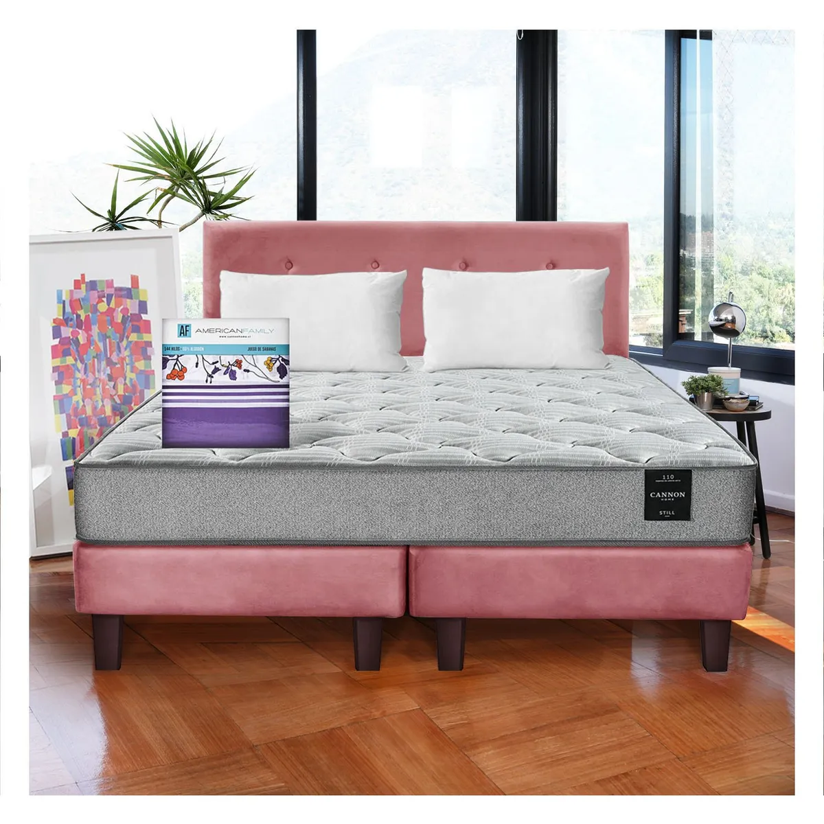 LATAM HOME - Combo Cama Cannon 2 Plazas+2 Almohadas+Sabanas+Respaldo Tela Rosa