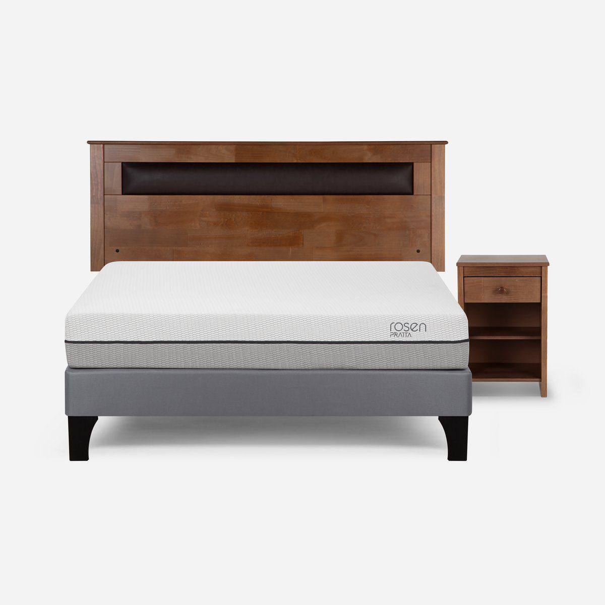 ROSEN - Cama Europea Pratta Full Pata Madera + Respaldo y Velador