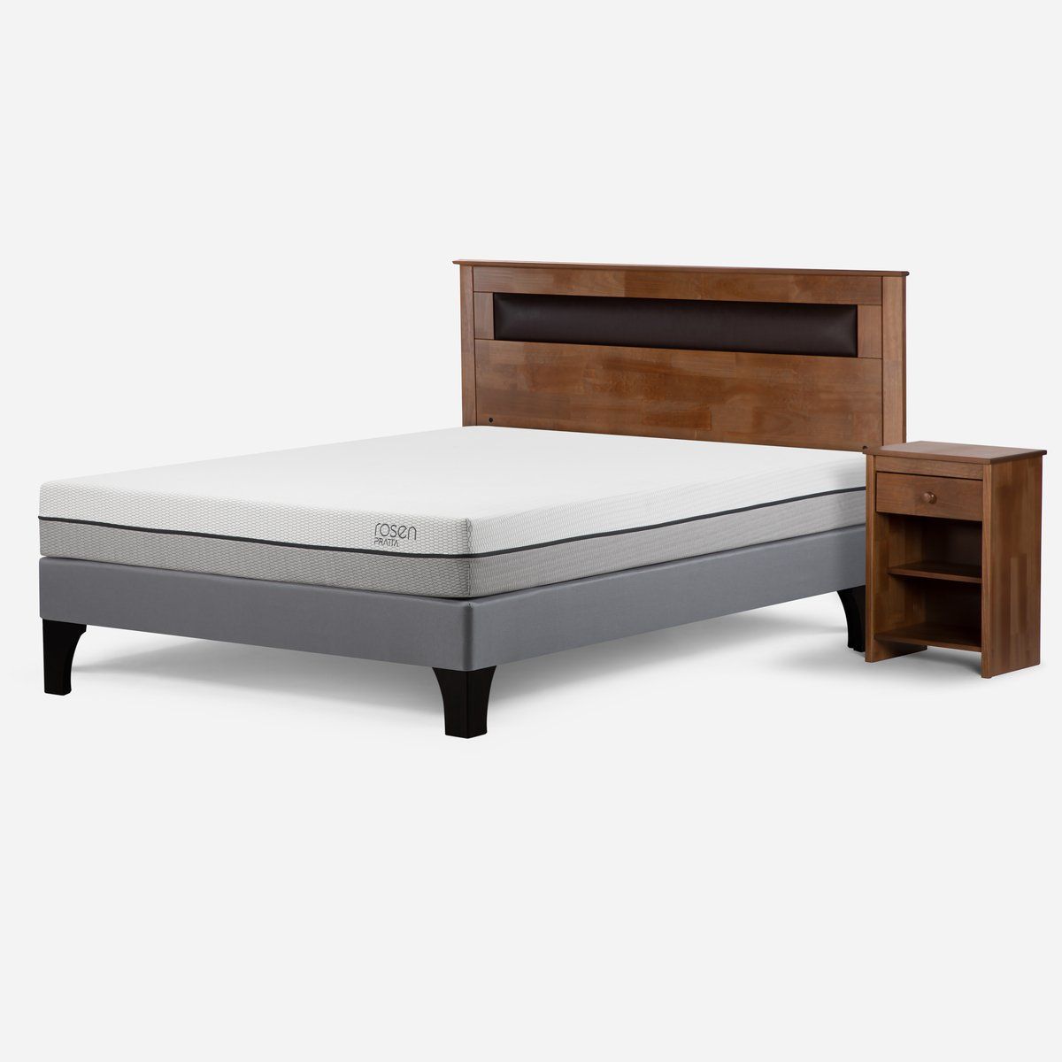 ROSEN - Cama Europea Pratta Full Pata Madera + Respaldo y Velador