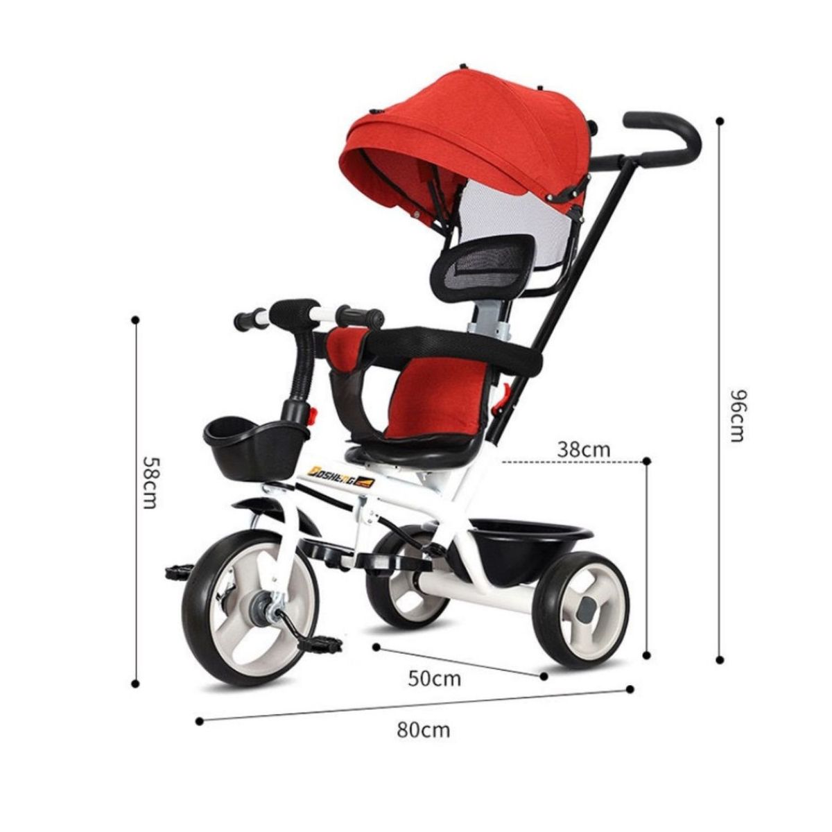 BABYLUNA - Triciclo Infantil 2 Etapas Metálico con Techo y Barra Rosado