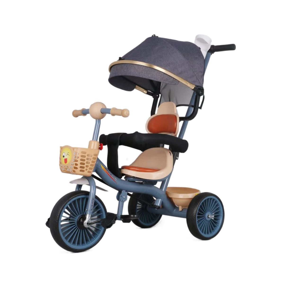 BABYLUNA - Triciclo Infantil 2 Etapas Metálico con Techo y Barra Azul