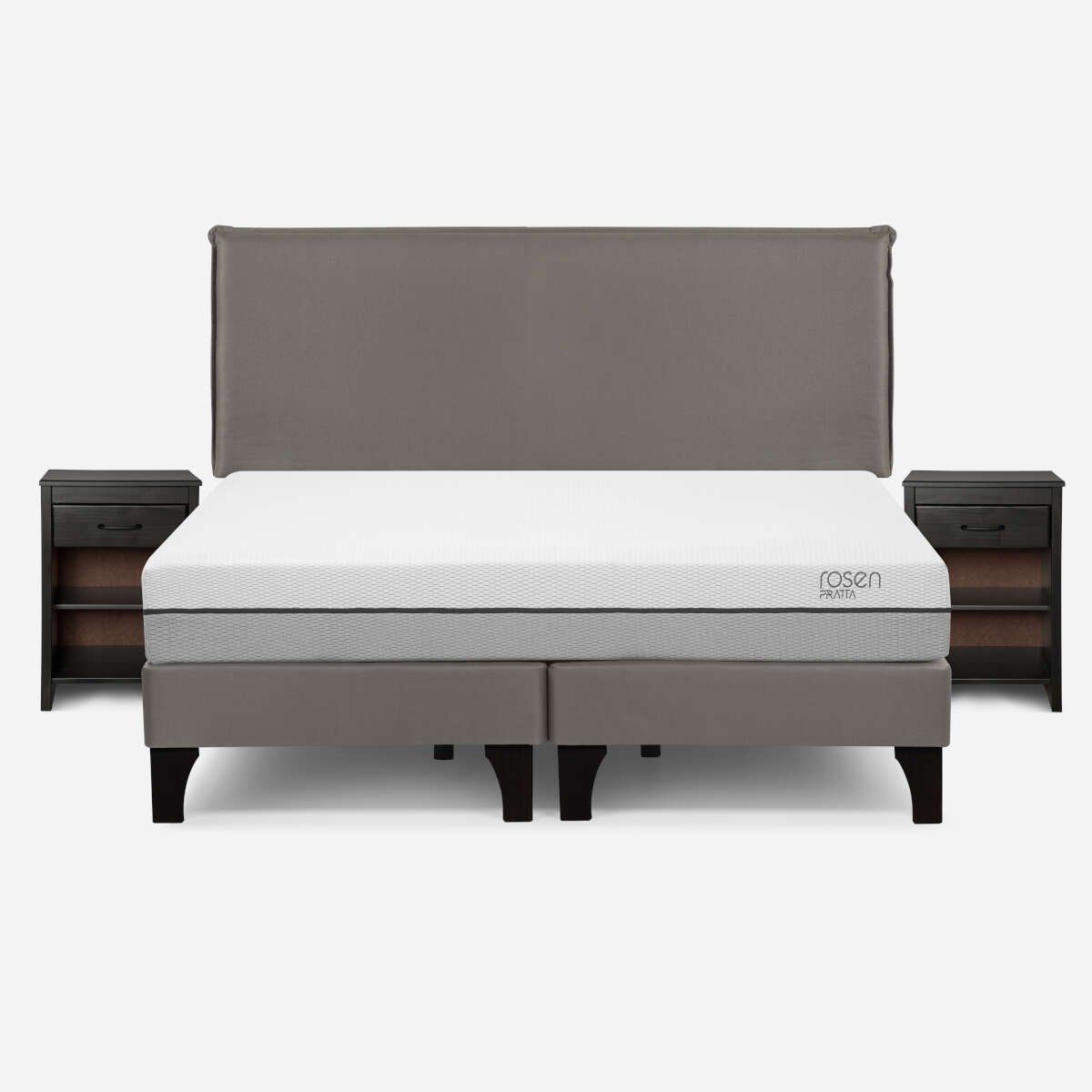 ROSEN - Cama Pratta King Pata Madera + Muebles Maurice Gris