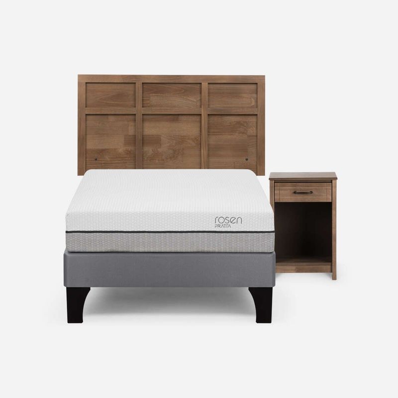 ROSEN - Cama Pratta 1,5 Plazas Pata Madera + Muebles Robin Tostado