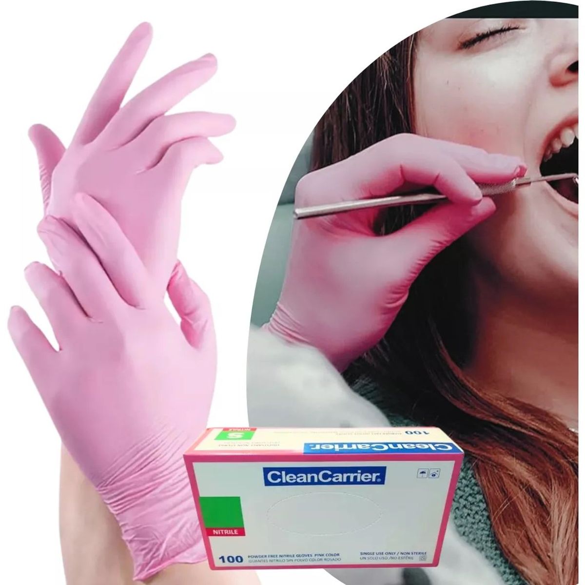 CLEANCARRIER - Guante Nitrilo Rosado Talla M Clean Carrier 100 Unidades