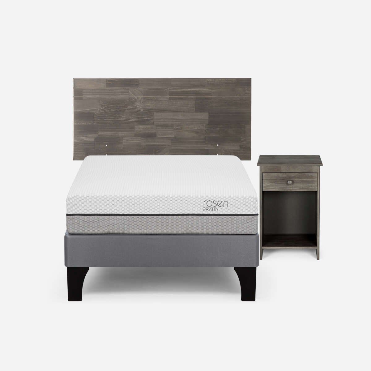 ROSEN - Cama Pratta 1,5 Plazas Pata Madera + Muebles Tabor Grafito