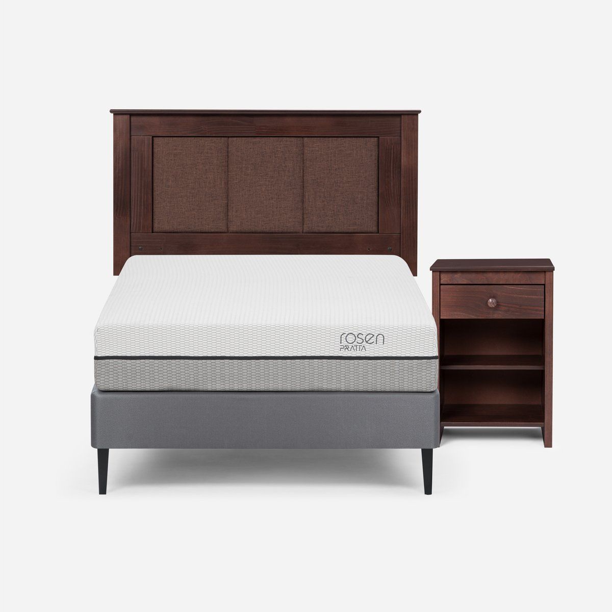 ROSEN - Cama Europea Pratta 1 Plaza Pata Acero + Respaldo y Velador