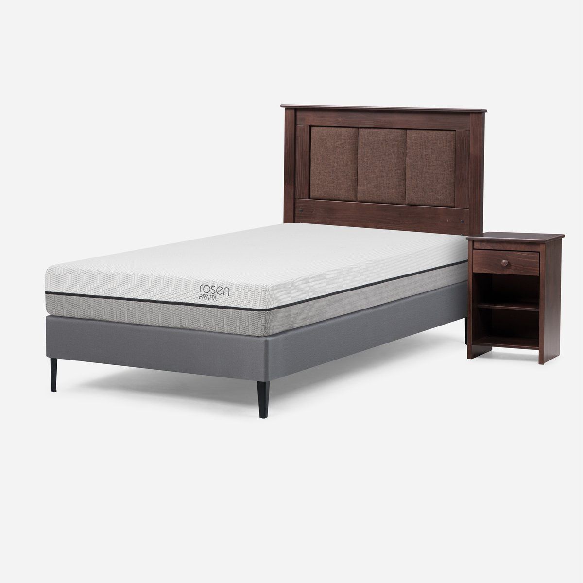 ROSEN - Cama Europea Pratta 1 Plaza Pata Acero + Respaldo y Velador