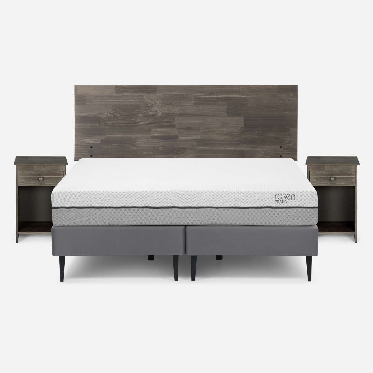 ROSEN - Cama Pratta 2 Plazas Pata Acero BD + Muebles Tabor Grafito