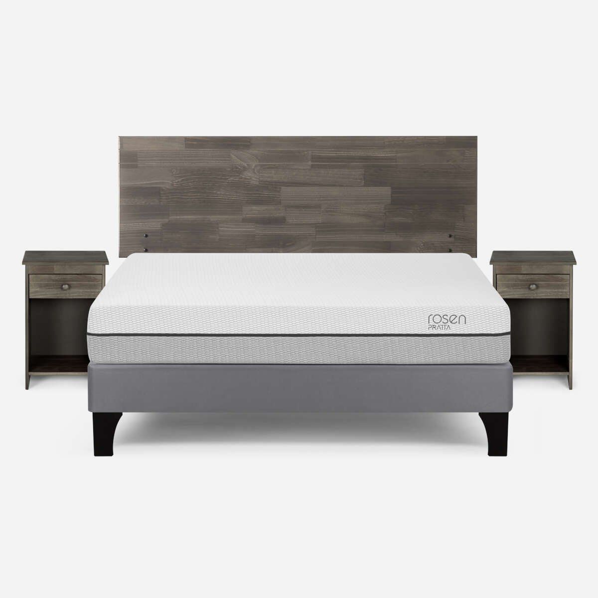 ROSEN - Cama Pratta 2 Plazas Pata Madera BN + Muebles Tabor Grafito