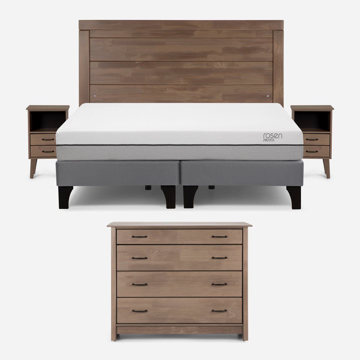 ROSEN - Cama Pratta 2 Plazas + Muebles Sicilia y Cómoda Harland