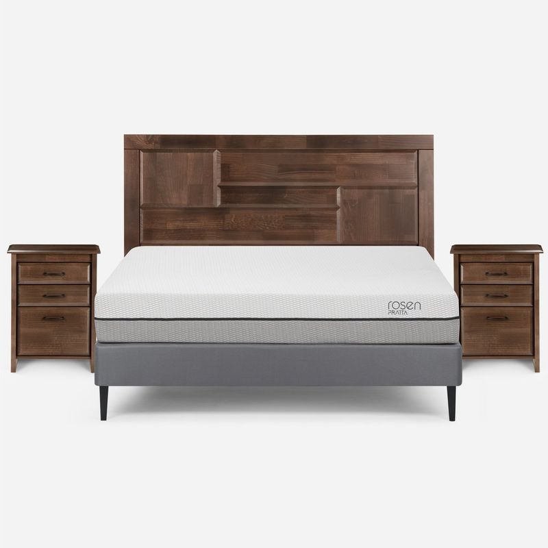 ROSEN - Cama Europea Pratta Full Pata Acero + Respaldo y 2 Veladores