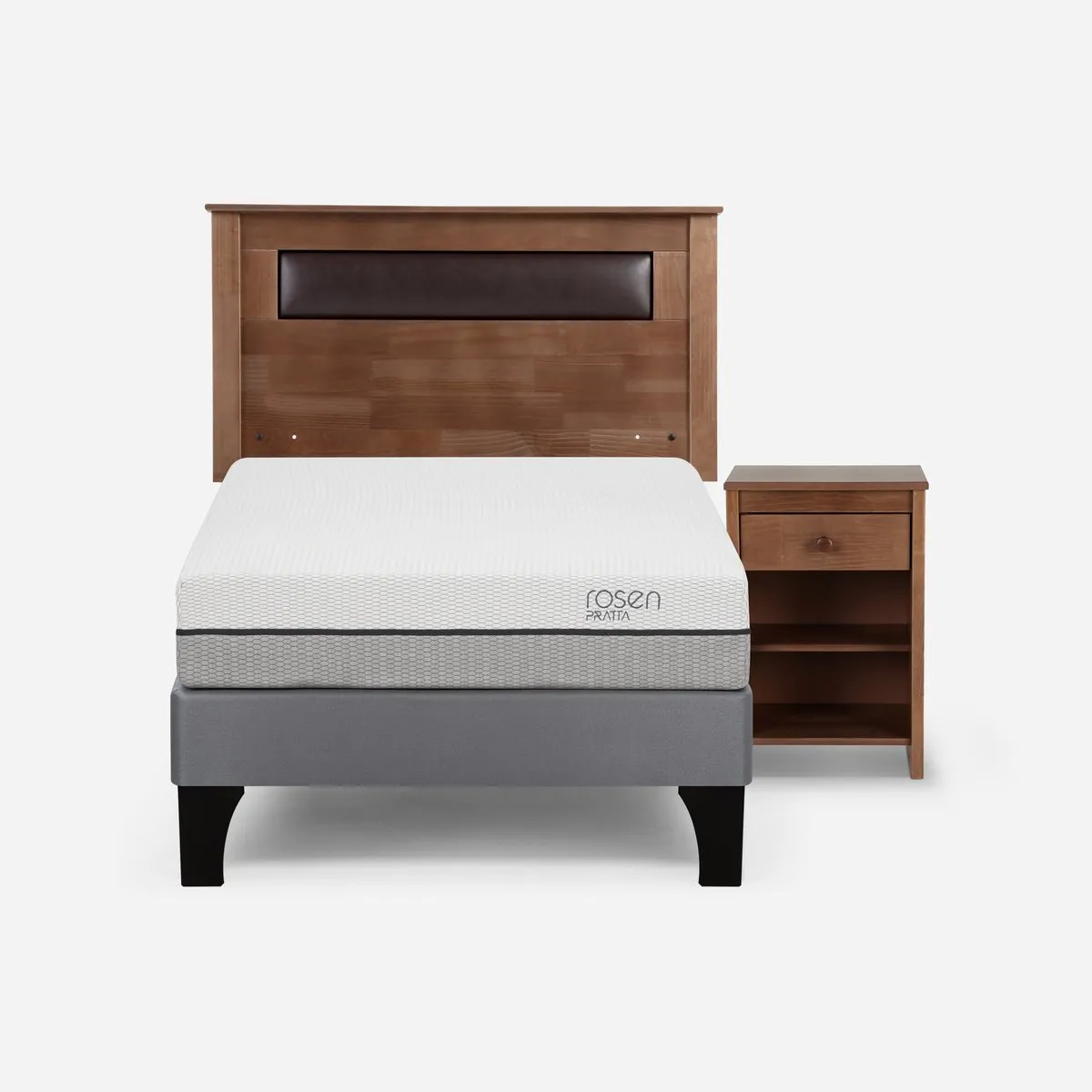 ROSEN - Cama Europea Pratta 1,5 Plazas Pata Madera + Muebles Ferrara