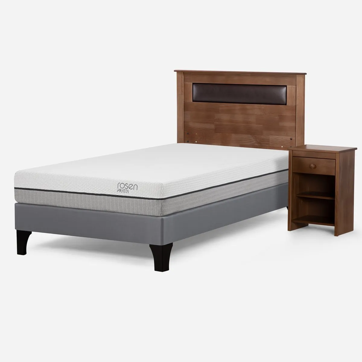 ROSEN - Cama Europea Pratta 1,5 Plazas Pata Madera + Muebles Ferrara