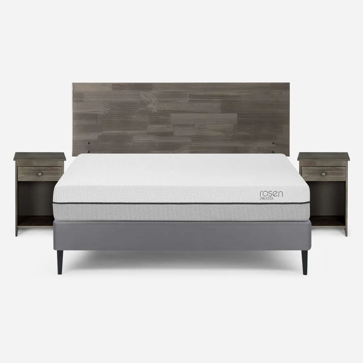 ROSEN - Cama Pratta 2 Plazas Pata Acero BN + Muebles Tabor Grafito