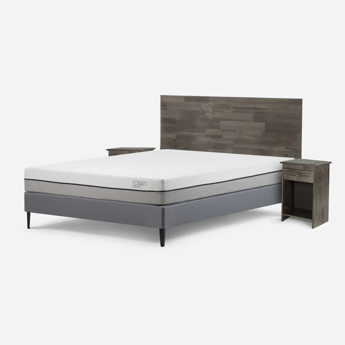 ROSEN - Cama Pratta 2 Plazas Pata Acero BN + Muebles Tabor Grafito