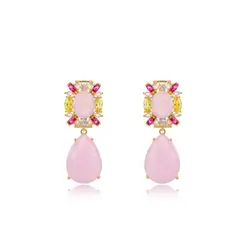 VANE COLLECTION - Aros para mujer pegados colgante fino baño de oro y circones rosados y rubi