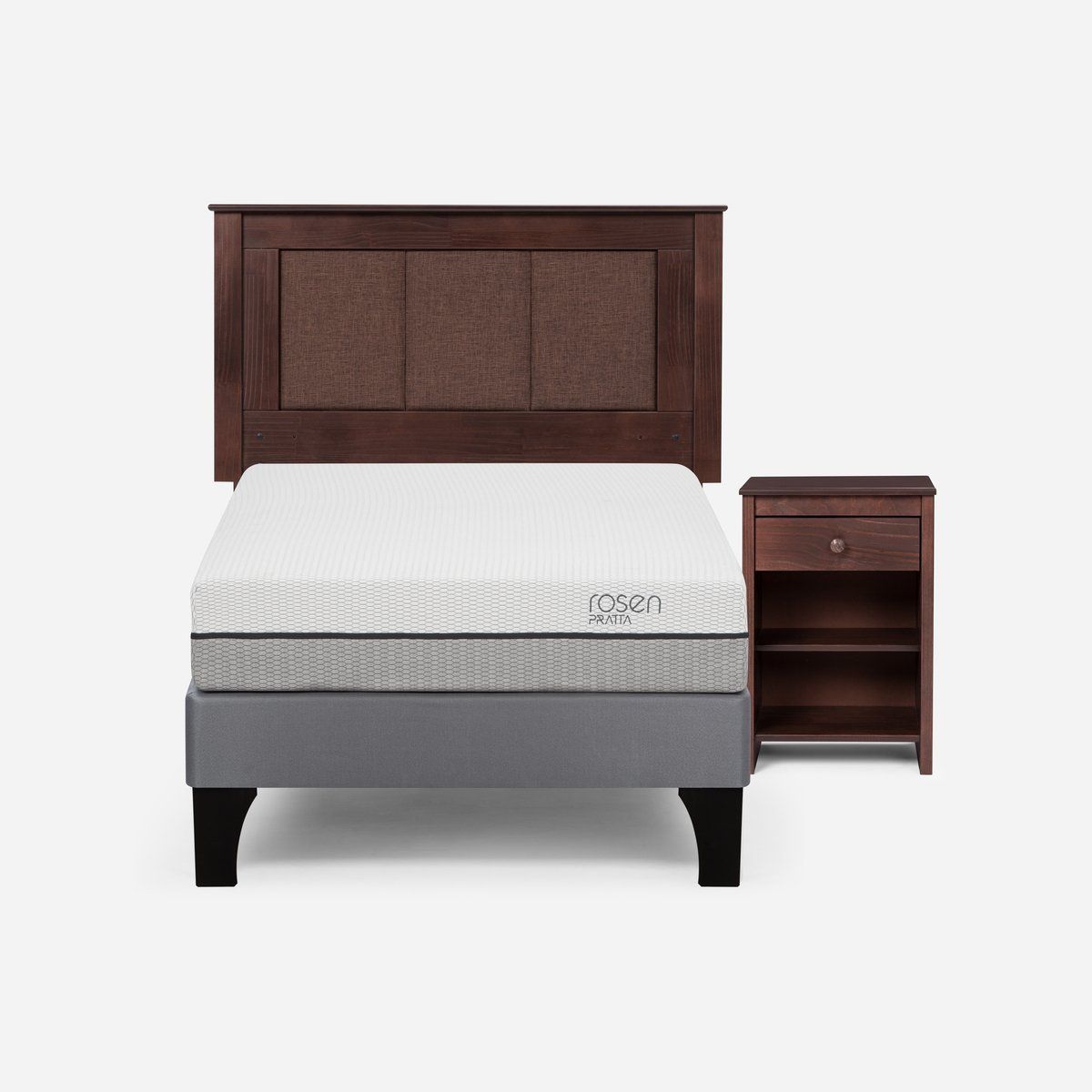 ROSEN - Cama Europea Pratta 1 Plaza Pata Madera + Respaldo y Velador