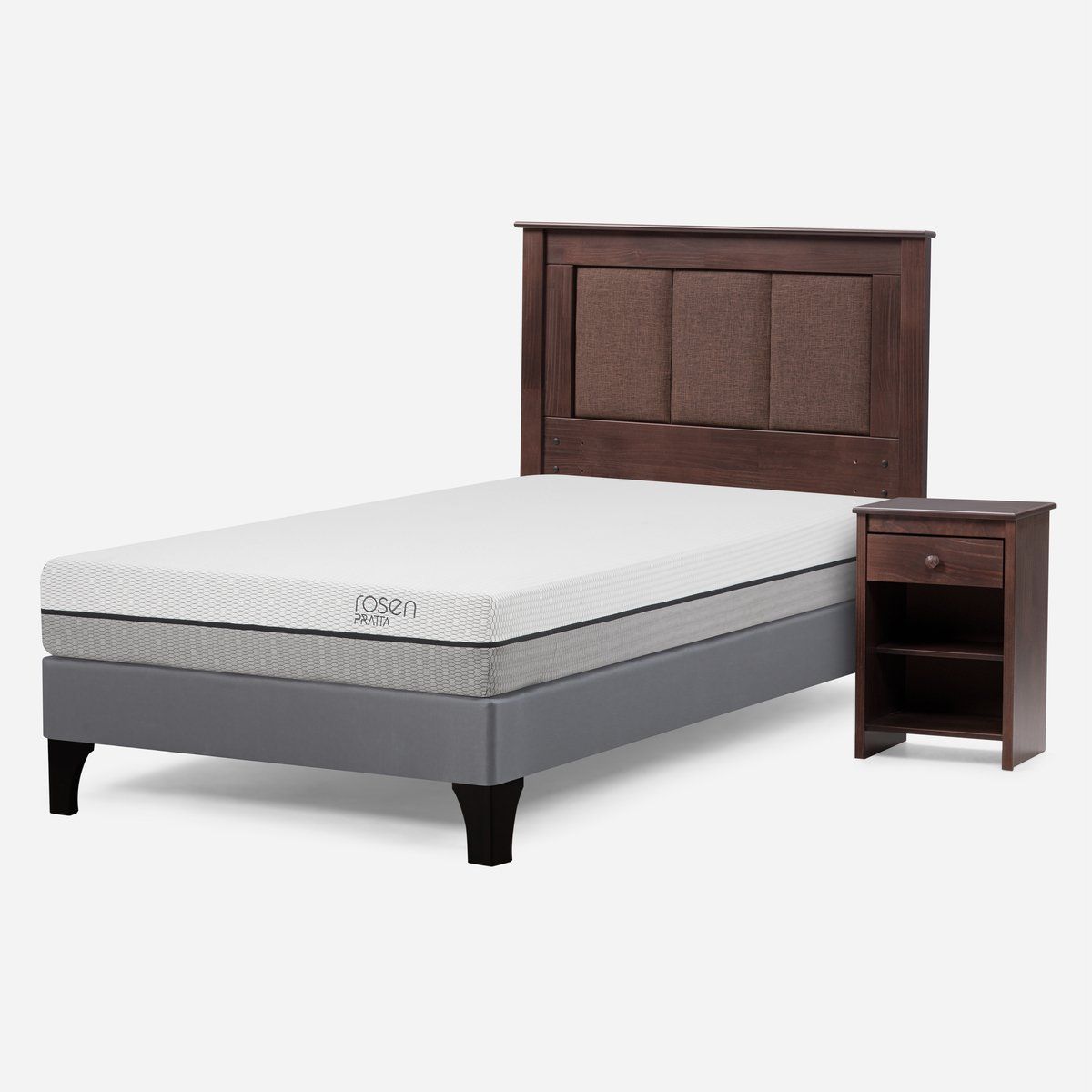 ROSEN - Cama Europea Pratta 1 Plaza Pata Madera + Respaldo y Velador