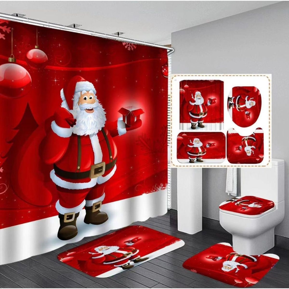 GENERICO - SET DE BAÑO NAVIDEÑO 4 PIEZAS CON DISEÑO SANTA CLAUS WYN