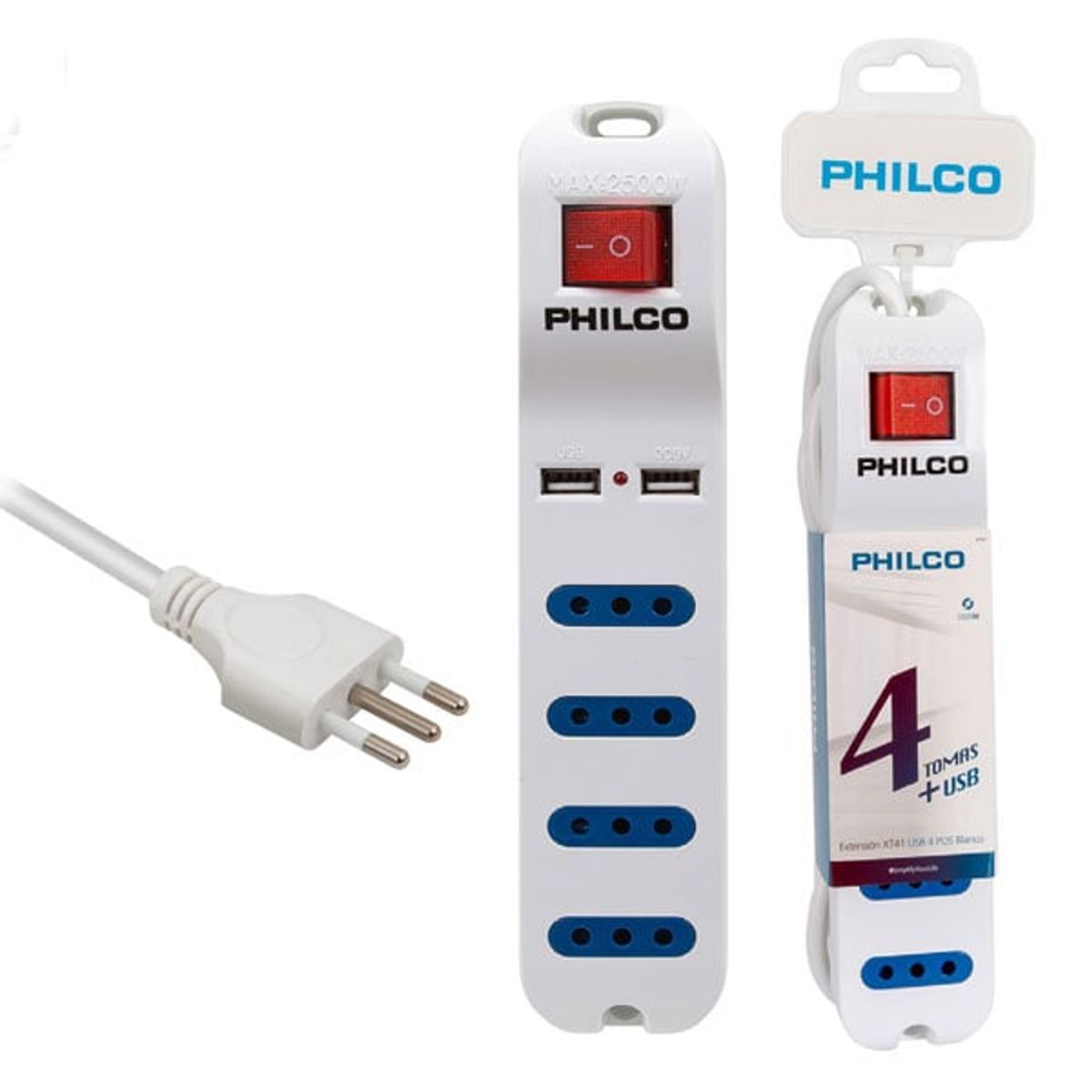 PHILCO - Alargador Philco Xt41 Usb 4 Pos Blanco 2500 W USB PHILCO