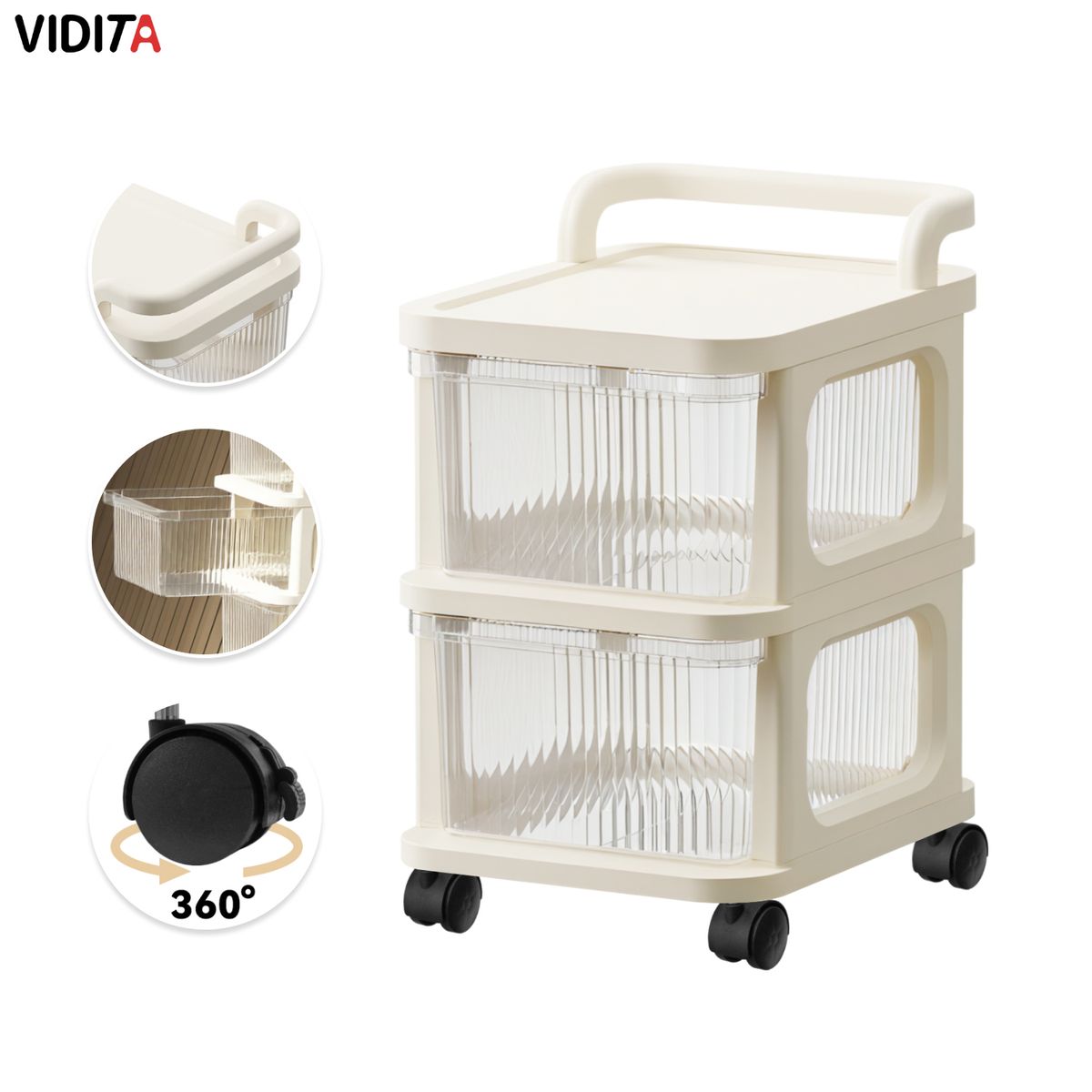 REBONEC - Carrito Organizador Ruedas Tipo Velador Con 2 Cajones Beige