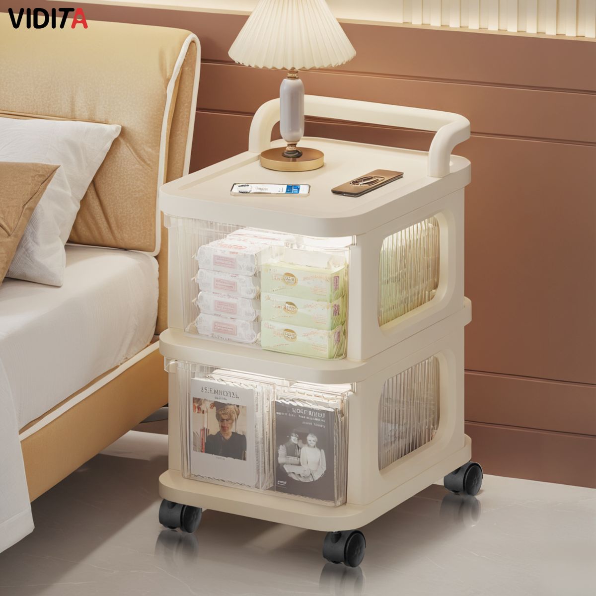 REBONEC - Carrito Organizador Ruedas Tipo Velador Con 2 Cajones Beige