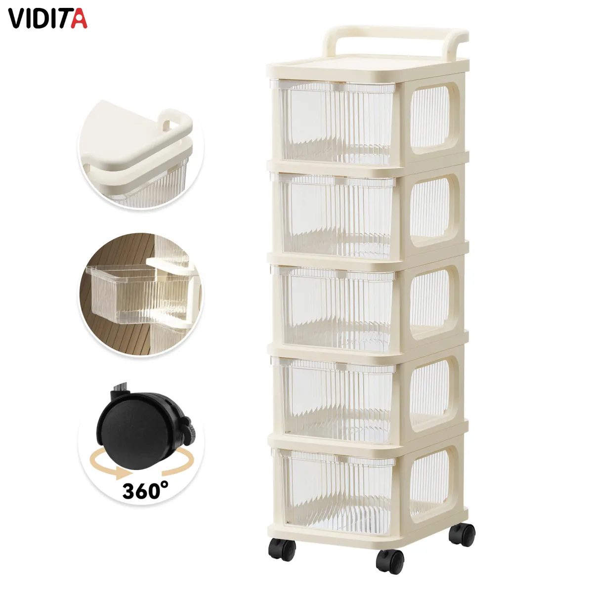 REBONEC - Carrito Organizador Ruedas Tipo Cómoda Con 5 Cajones Beige