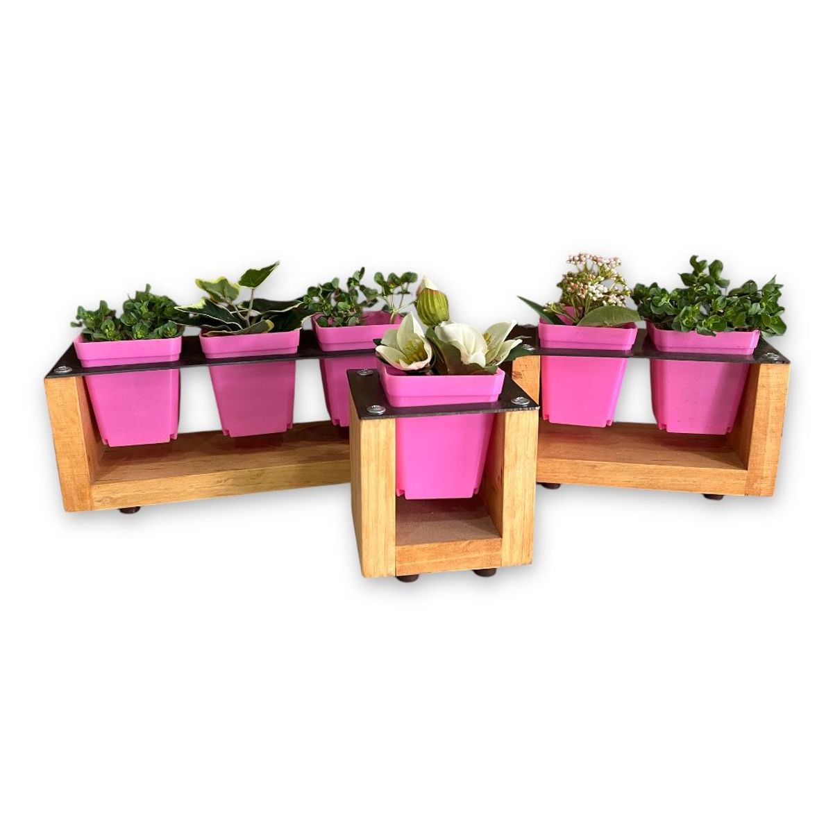 GENERICO - Pack de 3 portamaceteros en madera y fierro para suculentas