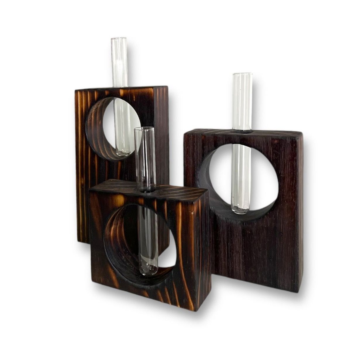 GENERICO - Pack de 3 floreros de madera quemada con tubo de vidrio