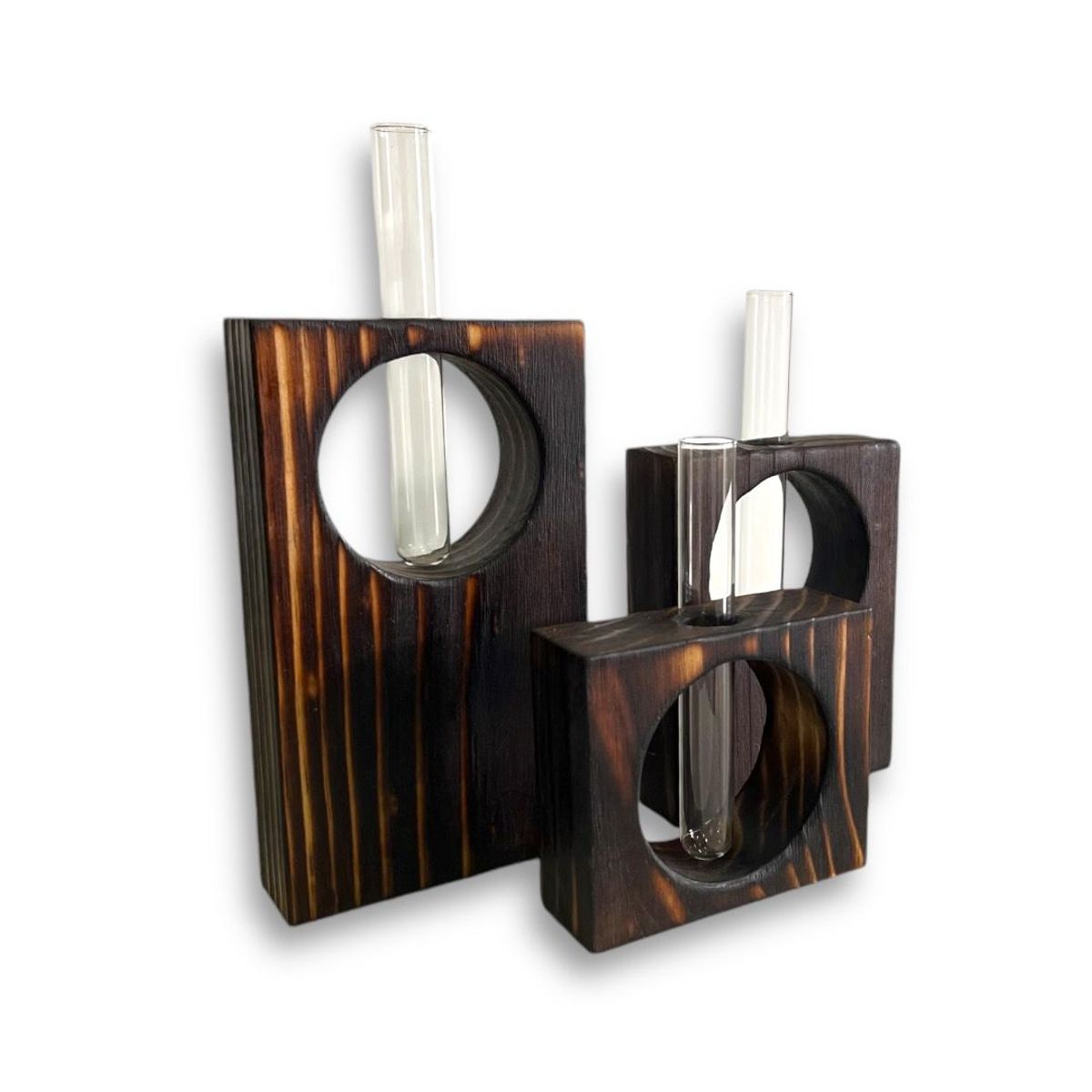 GENERICO - Pack de 3 floreros de madera quemada con tubo de vidrio