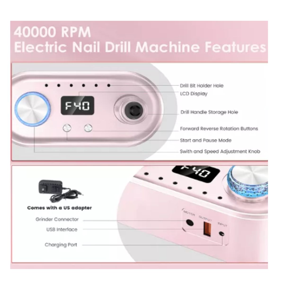GENERICO - Torno Maquina Uñas Profesional 40000rpm Manicure Pedicure