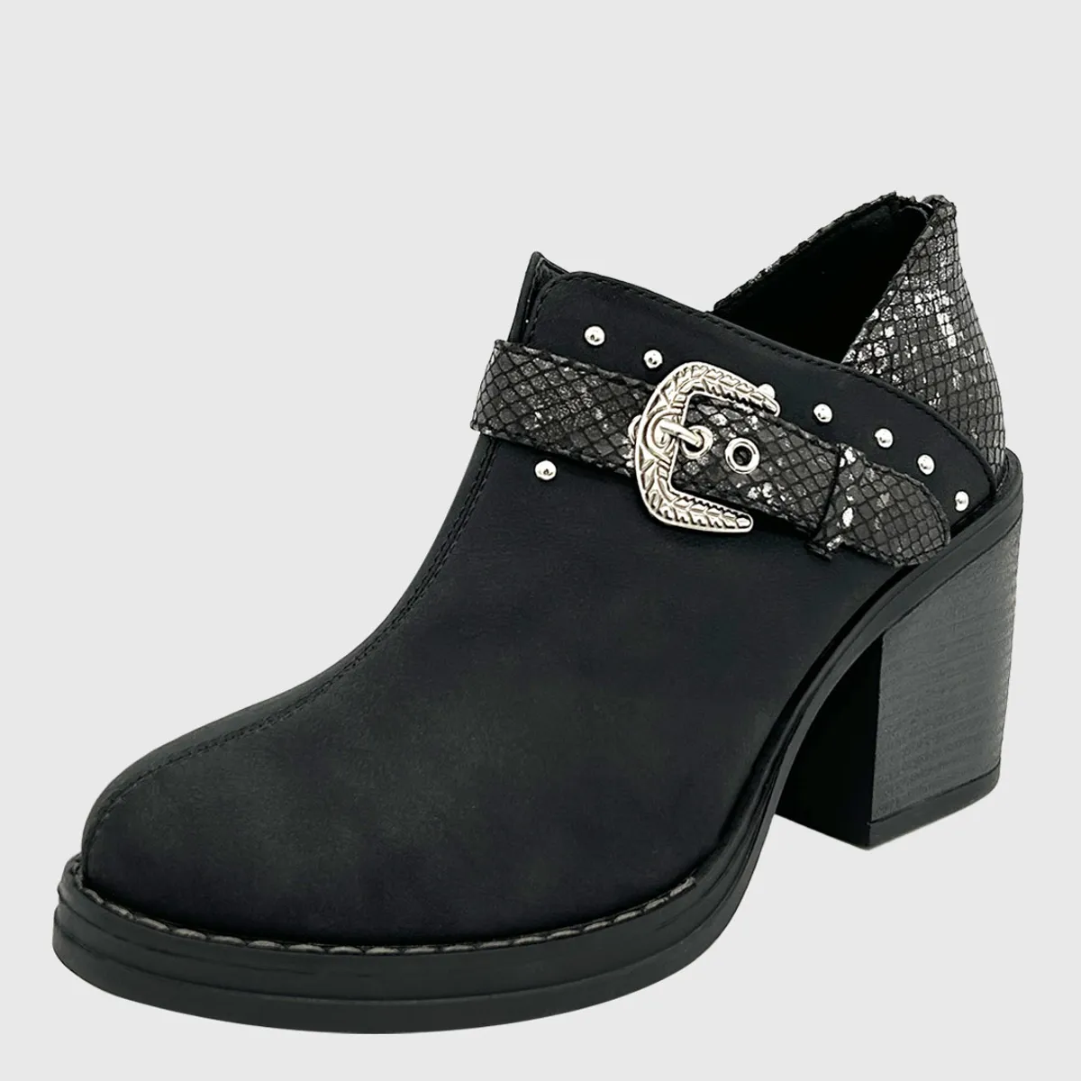 DINASTELLA - Botin para mujer con taco y hebilla campera Negro Danicolle