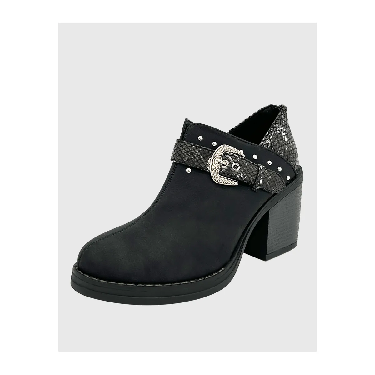 DINASTELLA - Botin para mujer con taco y hebilla campera Negro Danicolle