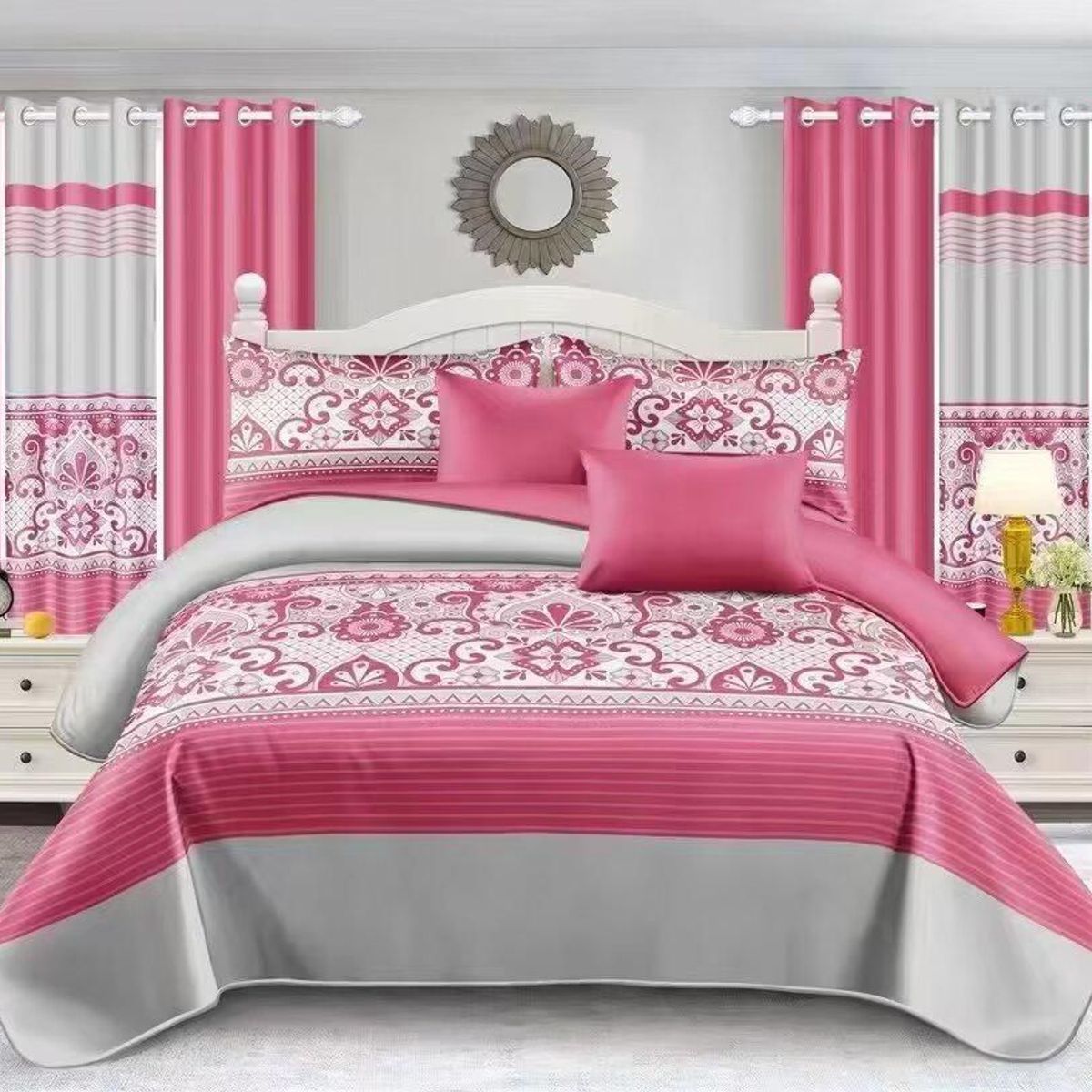 GENERICO - CUBRECAMA DE VERANO CON JUEGO DE SABANA Y CORTINAS 2 PLAZAS FUCSIA