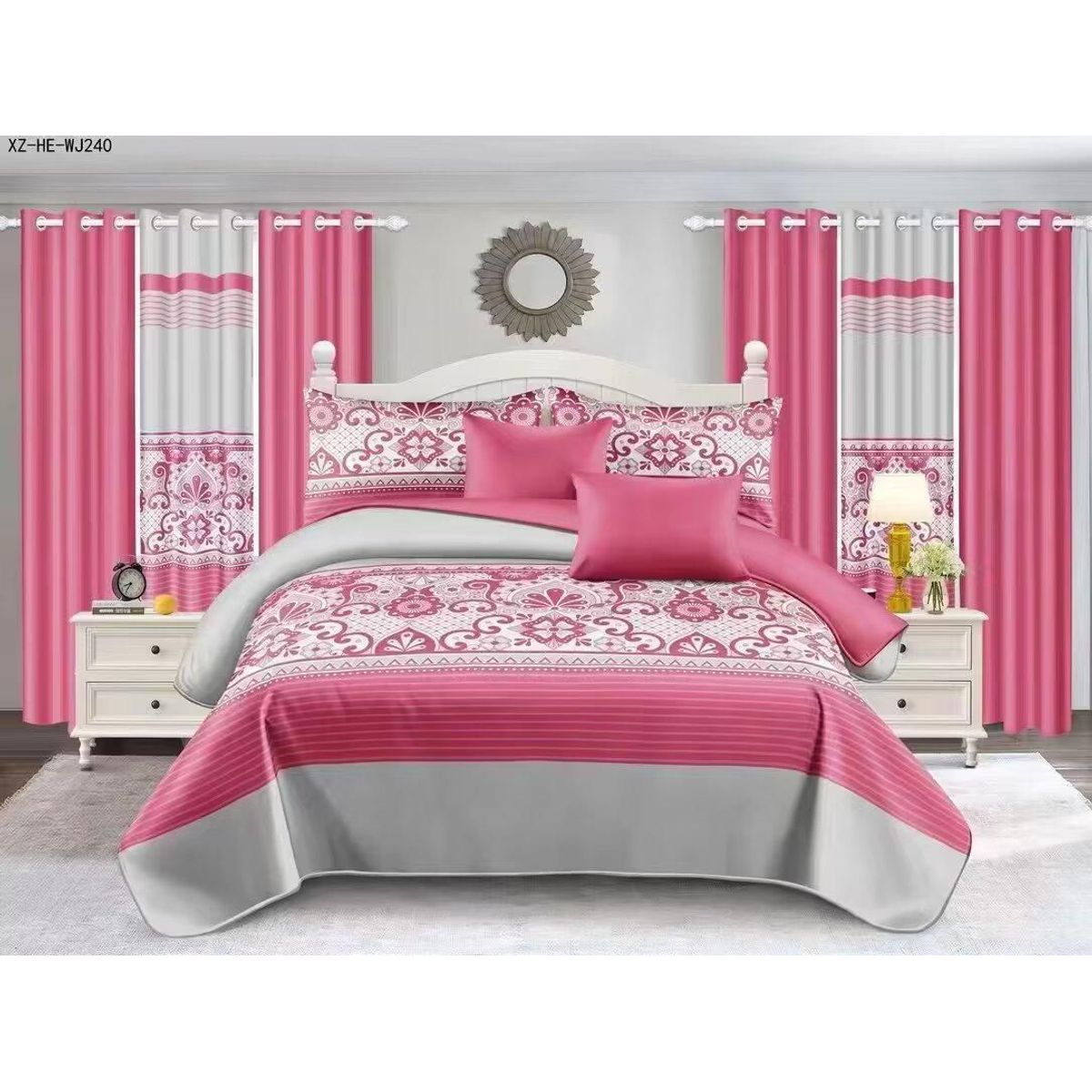 GENERICO - CUBRECAMA DE VERANO CON JUEGO DE SABANA Y CORTINAS 2 PLAZAS FUCSIA