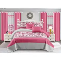 GENERICO - CUBRECAMA DE VERANO CON JUEGO DE SABANA Y CORTINAS 2 PLAZAS FUCSIA