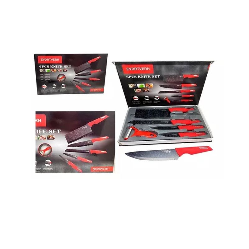 ANGELES DEL HOGAR - Set de Cuchillos en Acero Inoxidable Negro con Rojo