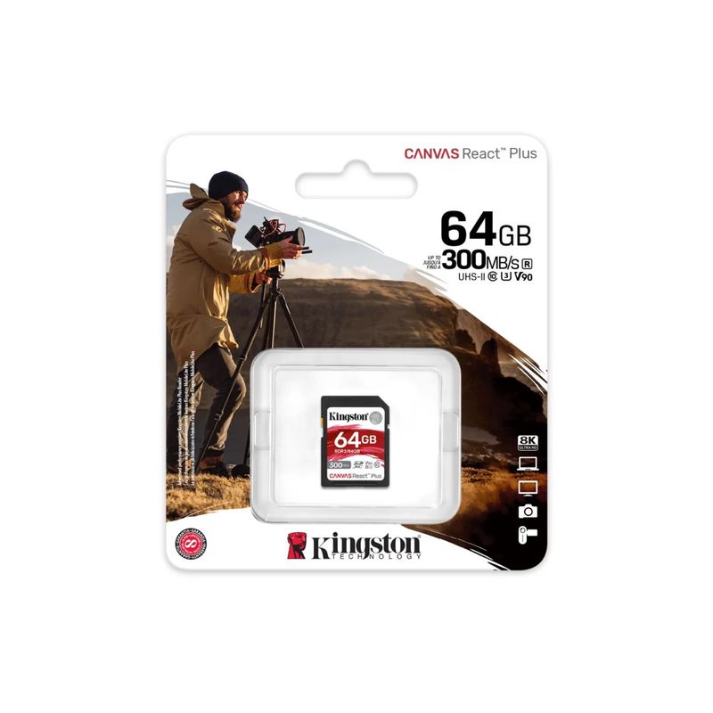KINGSTON - Tarjeta SD Kingston Canvas React Plus 64GB UHS-II U3 Class10 - Rojo