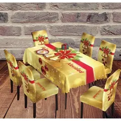 GENERICO - SET DE MANTEL MAS 6 FUNDA SILLA NAVIDEÑAS CON DISEÑO DORADO WYN