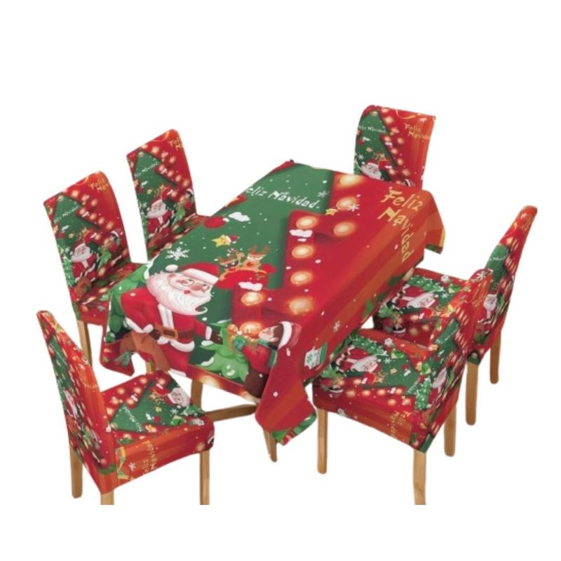 GENERICO - Mantel Navideño con 6 Fundas de Silla 140 x 220 cm - Niño Papá Noel